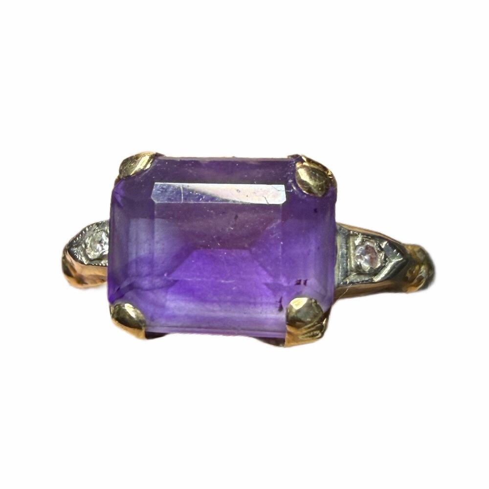Amethyst And Two Diamond Ring 14k Bgf Gold Filled Vintage Size 5.5